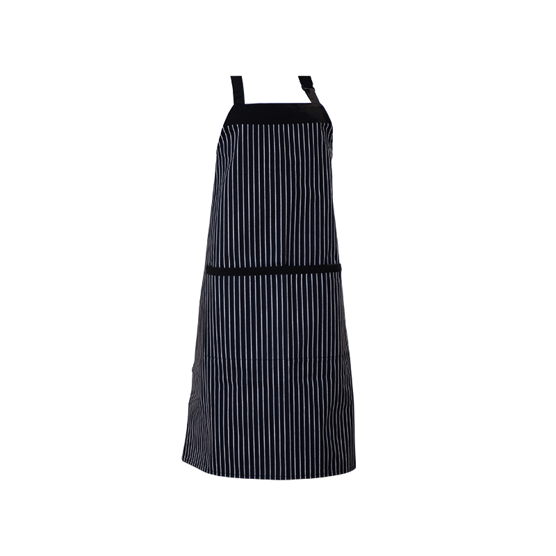Sort og hvid stribet polyester/bomuldshals forklæde med lommer og justerbare knapper