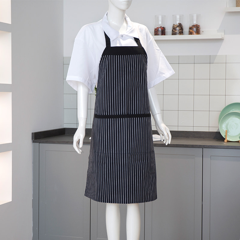 Sort og hvid stribet polyester/bomuldshals forklæde med lommer og justerbare knapper