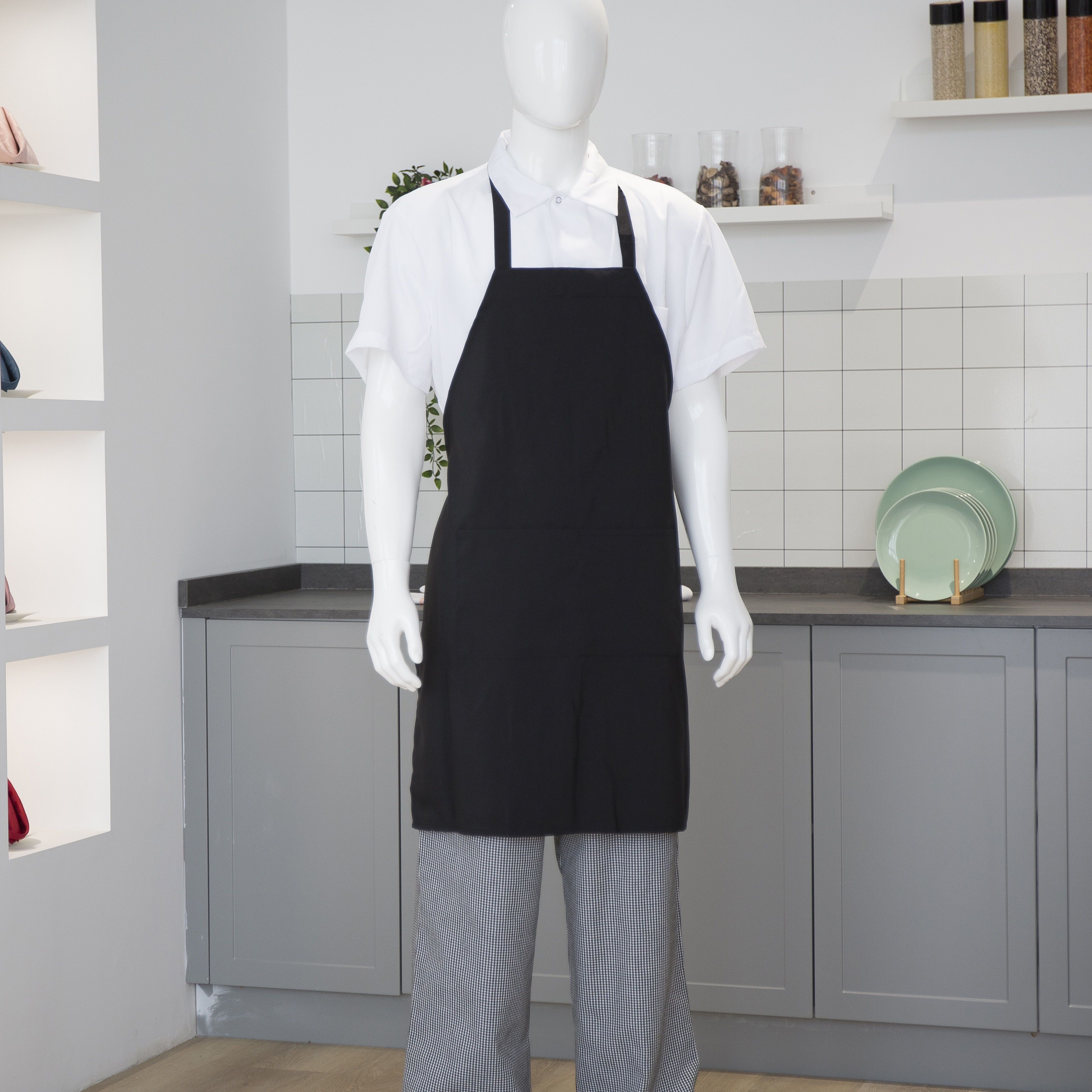 Hvid polyester smæk forklæde med to lommer